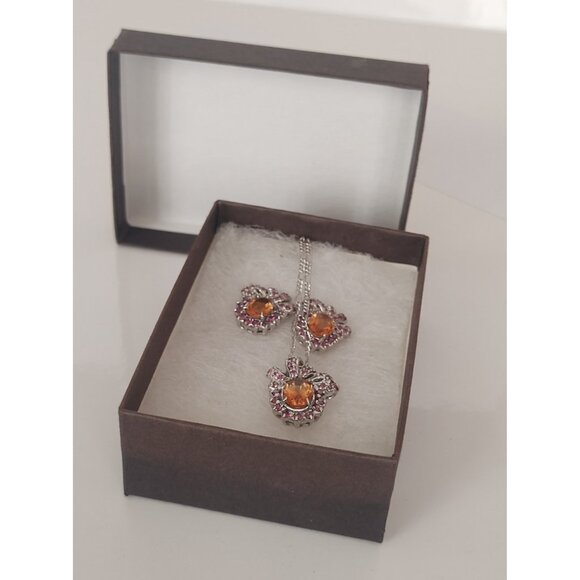 Women's 16" Sterling Silver Necklace & Pendant & Earrings Citrine & Garnet - Picture 9 of 10